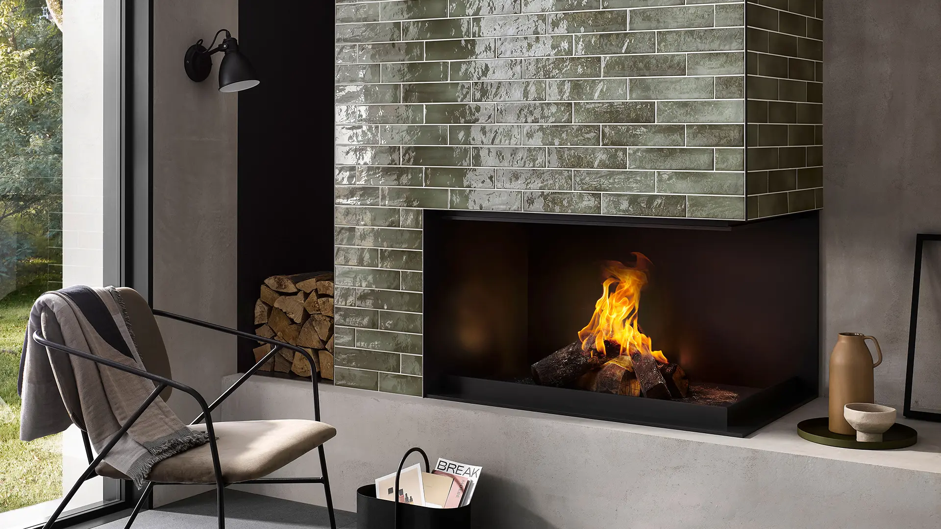 Stroeher Living Color Brix Metrofliesen Kaminverkleidung Wohnzimmer